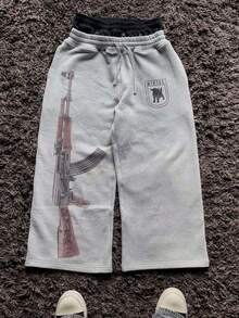 Men's Y2k High Street Sports Double-Waisted Sweatpants Printed Embroidered Street Casual Straight Trousers - Xám - Xem 1