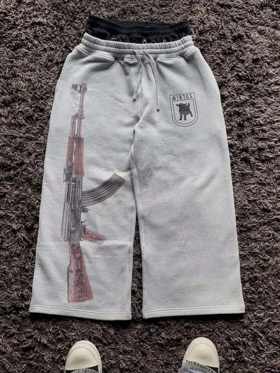 Men's Y2k High Street Sports Double-Waisted Sweatpants Printed Embroidered Street Casual Straight Trousers - Xám - Xem 1