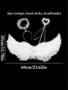 3 件套天使翅膀套装，适用于万圣节、光环头带和带羽毛翅膀的魔杖、女孩仙女服装装扮、圣诞派对照片道具 - 白色 - 查看 12