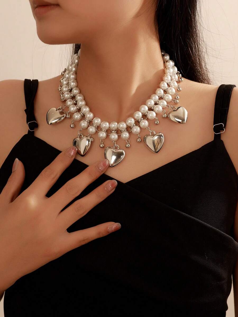 1pc Elegant Heart Pendant Pearl Necklace, Women's French Luxury Retro Chic Fashionable Choker Necklace For Evening Party, Vacation