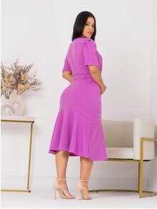 Women's Evangelical Midi Dress With Belt And Button, Secretary , Church Worship Uniform - 中紫紅色 - 查看 2