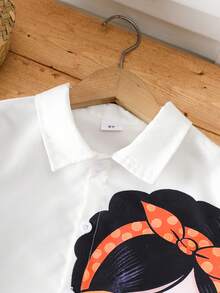 2pcs Girls Autumn/Winter Denim Set, Fashionable Cartoon Character Print Long Sleeve Shirt + Five-Pointed Star Embroidery & Frayed Hem Jeans, Casual & Versatile