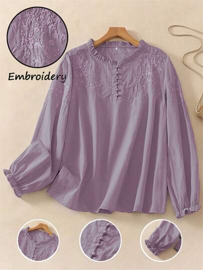 女式宽松刺绣复古长袖衬衫，秋季上衣