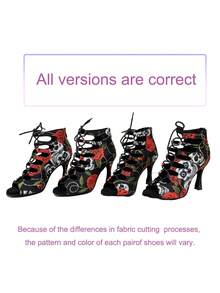 9cm High Heel Skeleton Printed Latin Dance Shoes, Soft Non-Woven Fabric Lace-Up, Comfortable Indoor Sole, Suitable For Party, Halloween, All Seasons - Red 9cm - View 2