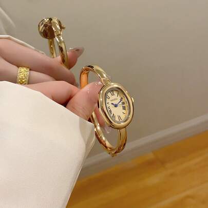 1pc Vintage Luxury Gold/Silver Color Petite Women Bracelet Watch, Fashionable Minimalist Elegant Quartz Watch, Suitable For Daily Wear, Birthday Gift