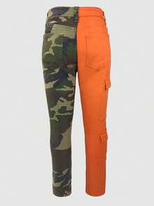 Men's Color Block Jeans, Fashionable Cargo Denim Pants, Multi-Pocket Zipper Slim Fit Camouflage Skinny Jeans