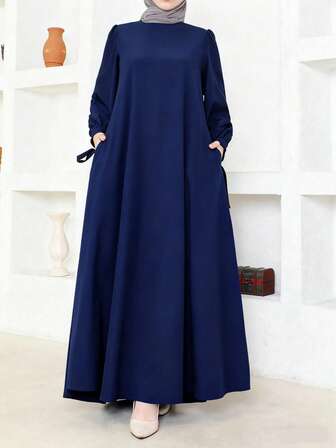Women's Solid Color Round Neck Long Sleeve Pocket Casual Arabic Style Dress