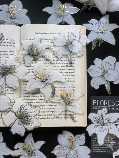 20 unidades/pacote de adesivos decorativos florais de lírio em folha preta e branca para scrapbooking