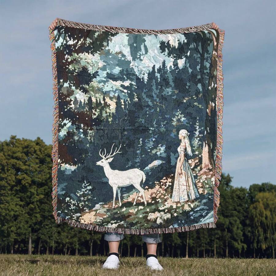Outdoor Blanket With Deer & Girl Bohemian Jacquard Pattern - Picnic Blanket, Camping Blanket, Sofa Blanket, Nap Blanket, Air Conditioning Blanket, Wall Hanging, Thick & Soft, Non-Fading & Non-Pilling, Suitable For Home Decor And Outdoor Use, Christmas Decoration