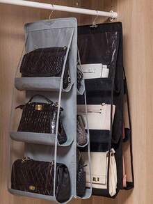 1 pièce Boîte de rangement à 6 compartiments multicouche pour sac à main, organisateur suspendu pliable en tissu Oxford avec 6 poches - organisateur de placard pour sac à main, portefeuille et accessoires, design durable noir-gris, parfait pour Noël, Halloween, Thanksgiving, porte-portefeuille, support d'accessoires, apparence élégante, structure robuste, décoration de chambre, rentrée scolaire - Noir - Voir 3