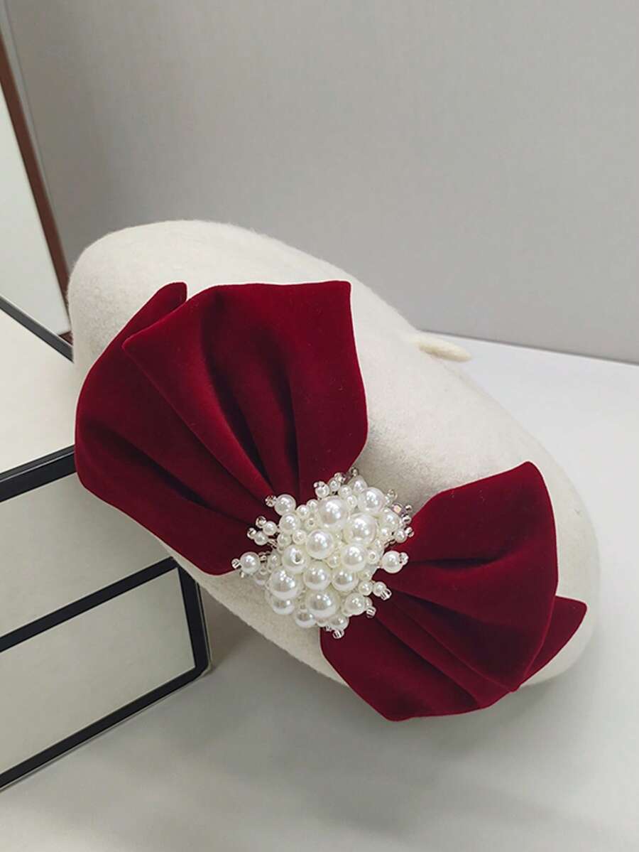 1 件优雅羊毛混纺蝴蝶结贝雷帽，秋冬 - 白色 - 查看 1