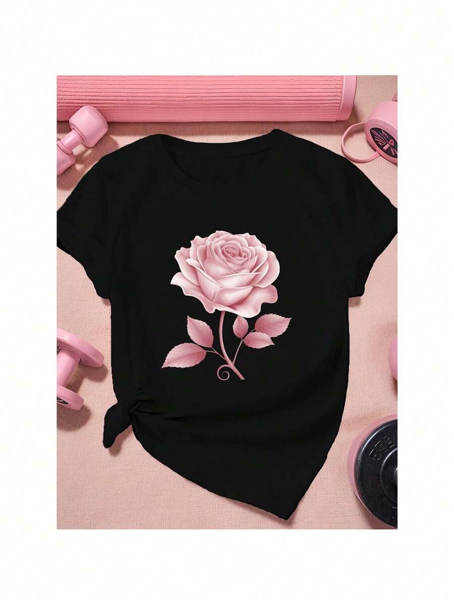 180g T-shirt, Women'S Summer  T-shirt Short Sleeve Leisure Printing, Holiday Gifts Are Preferred, Suitable For Women'S Wear In Spring And Summer, Teenagers And Girls, Romantic Pink Rose