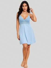 Women's Sensual Nightgown With Bow And Lace Details + Microfiber Robe With Lace PAULA. - 淺藍色 - 查看 5