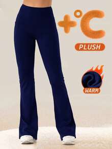 女士高腰喇叭瑜伽裤，带口袋 - 保暖内衬，收腹设计，喇叭裤型，适合运动、跑步、健身、旅行和日常穿着，冬季款 - 藏蓝色 - 查看 3