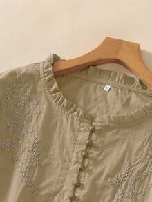 Women's Embroidered Loose Retro Long Sleeve Blouse Top, Suitable For Autumn - Khaki - View 7
