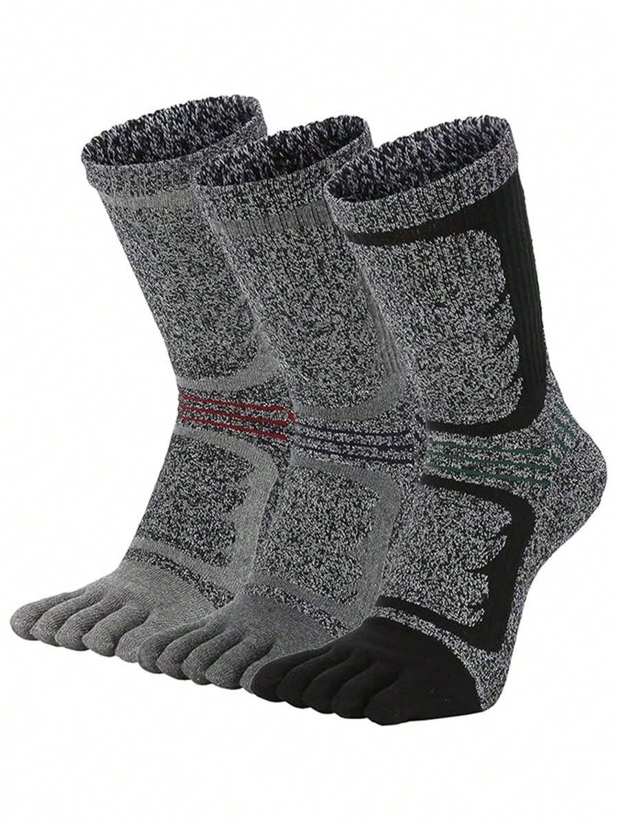 3 Pairs Thick Five-Toe Sports Socks, Moisture-Wicking, Anti-Slip, Crew Length Cotton Socks For Men, One Size (39-45) - Multicolor - View 1