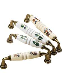 4/6pcs Rustic Ceramic Cabinet Handle With Green And Brown Floral Pattern-Antique Bronze Finish, Country Style Cabinet Door And Drawer Furniture Knob