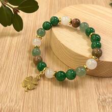 1 Piece Green Aventurine And Chrysocolla Bead Necklace Bracelet With Clover Pendant, Natural Stone Wealth Jewelry, Vintage Bohemian Style, St. Patrick's Day And Thanksgiving Gift, Unisex Elegant Accessory - 綠色 - 查看 5
