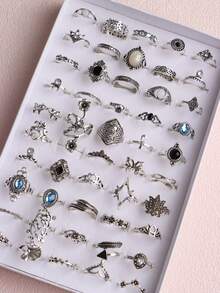 30pcs/Pack Vintage Fashionable Alloy Ring Set With Leaf/Lotus/Elephant Design, Random Style In A Blind Bag - 30 Blue Glass Tail Rings - View 12