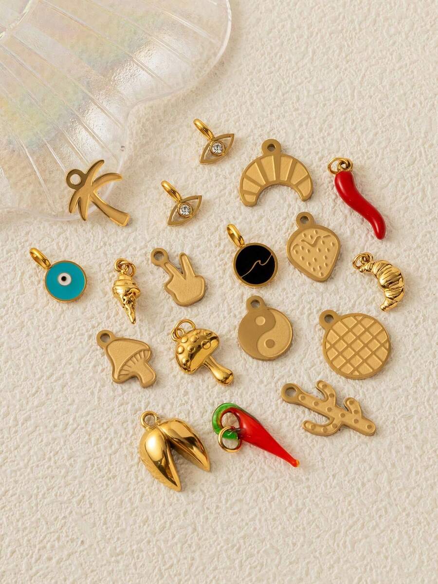 1 Piece Of Imitation Food Series Strawberry, Croissant, Chili, Ice Cream, Mushroom, Waffle, Pistachio, Palm Tree Pendant, Stainless Steel Material Electroplated 18K Gold, Suitable For DIY Jewelry Accessories, Necklaces, Bracelets, Keychains, Earrings, Bag Accessories, Stainless Steel Accessories, Stainless Steel Pendant