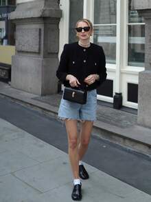 女式纯色粗花呢圆领口袋前扣休闲夹克 - 黑色 - 查看 2