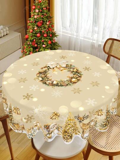 1 件白金色圣诞桌布，2 种尺寸可选，节日金色雪人麋鹿圣诞花环图案桌布，涤纶圣诞圆形和矩形桌布，耐用桌布，圣诞派对装饰，适用于家庭厨房餐桌装饰，2025 年圣诞装饰，圣诞礼物