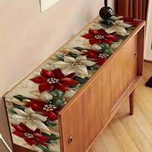 1pc Red Christmas Floral Table Runner With Poinsettia And Gold Accents - Dining Table Decor, Suitable For Kitchen, Outdoor Parties | Holiday Home Gift | Elegant Tabletop Accessory | Christmas Dining Table Decoration