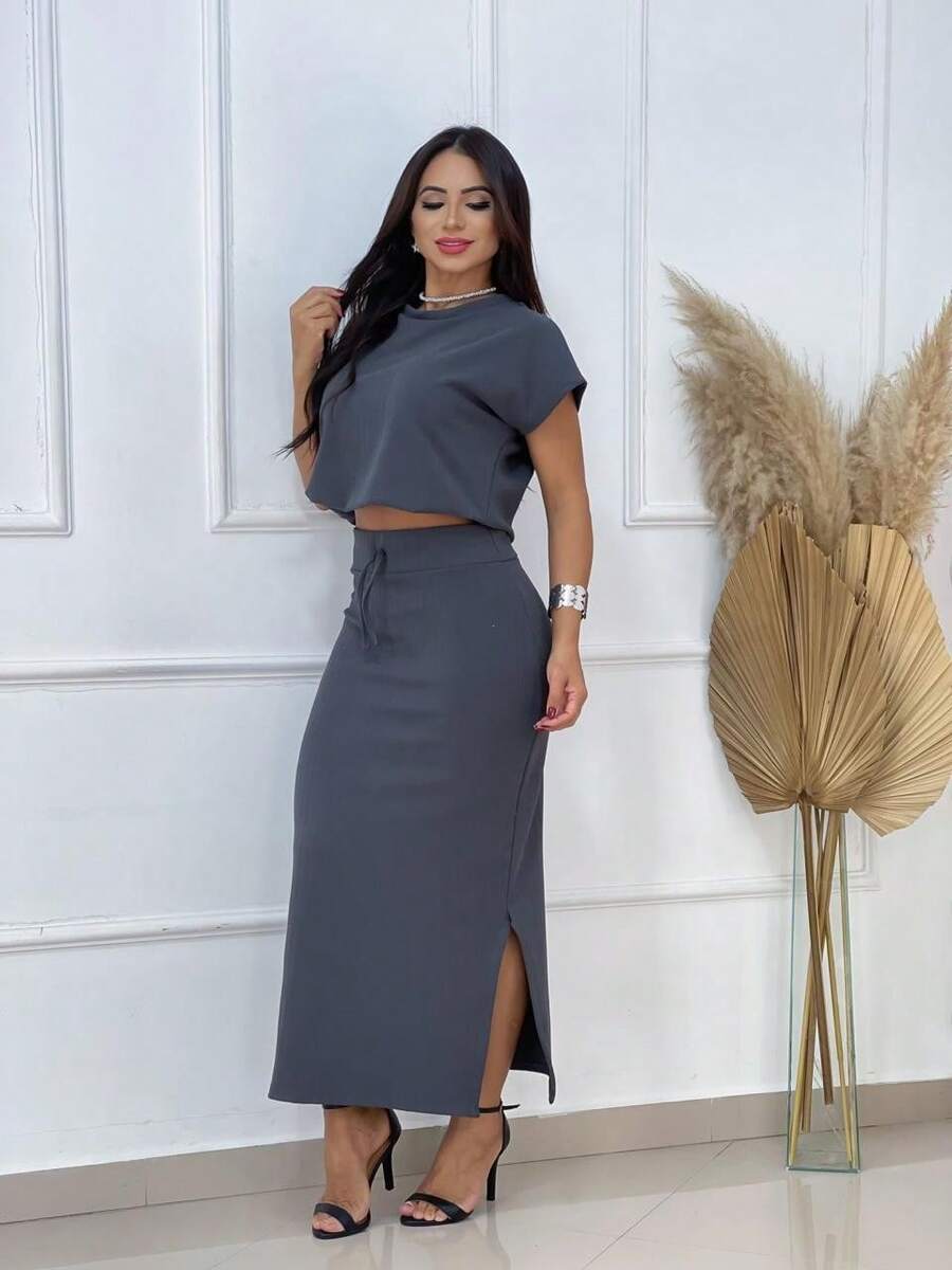 Women's Cropped Top And Long Skirt Set - Grey - View 1