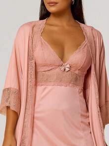 Women's Sensual Nightgown With Bow And Lace Details + Microfiber Robe With Lace PAULA. - 乾枯玫瑰色 - 查看 3