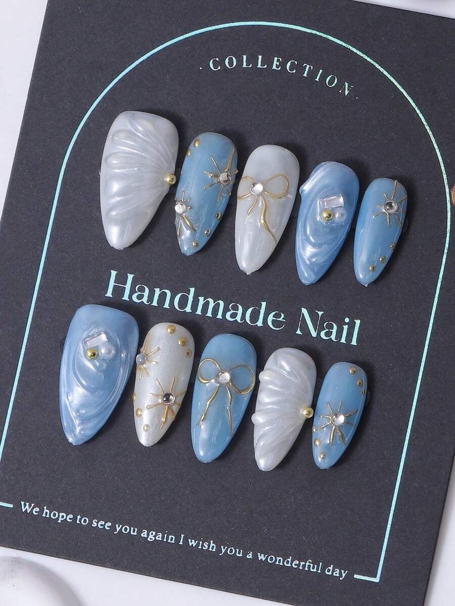 10pcs/Set Press On Nails, Almond Shape, Blue Hand Painted Bow, 3D Textured Swirls, Light And Elegant Makeup, Pure Handmade, Nail Art, Y2K Style, Elegant And Grand, Suitable For Women And Girls To Wear - Blue - View 1