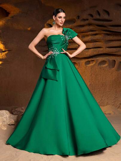 Faeriesty 优雅单肩A字型派对礼服 - 肩部和腰部饰有闪亮水钻，适合晚宴、婚礼、颁奖典礼、慈善舞会等正式场合。