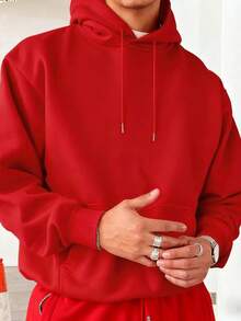 Men's Casual Street Hooded Sweatshirt, Solid Color With Fleece Lining, Loose Fit, Autumn/Winter