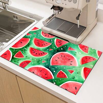 1 pièce Tapis absorbant/tapis de séchage avec motif d'impression de fruit de pastèque. Tapis de protection de bureau absorbant en polyester avec dos en caoutchouc antidérapant, pour la décoration de la cuisine, le bar à la maison et la table à manger