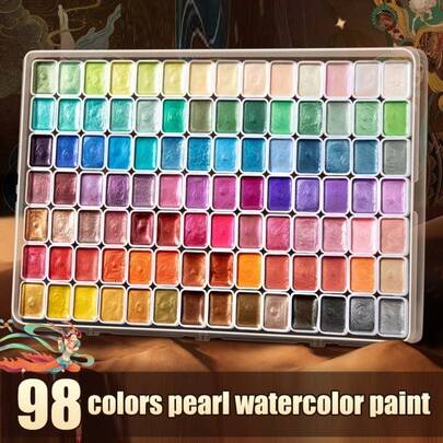 Set de pintura de acuarela perlada de 98 colores, tonos vibrantes, resistente a la decoloración, apto para pintura china, caligrafía y colorear - Caja resistente para un almacenamiento y transporte fáciles