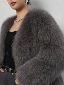 女式优雅人造毛皮衬里长袖夹克外套，纯色柔软羊毛人造毛皮拼接，学院风，秋冬 - 灰 - 查看 3