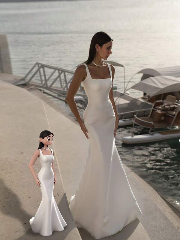 Basrey White One Collar Camisole High Waisted Slim Fit Backless Bridesmaid Dress Evening Gown Fishtail Skirt Long Skirt Dress,Suitable For Wedding, Bachelorette Party, Vacation, Prom, Bridal, White Dress