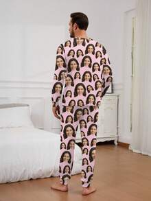 Printstory Customized Men/Women/Kids/Pets/Cartoon/Holiday Themed Interesting Long Sleeve Top & Pants Pajama Set, Loungewear, Winter - Pink - View 3