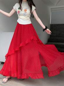 Ruffled Red Polka Dot Slit Beach Skirt, Pleated Floral Hem, Vacation Travel, Autumn 2025 New - Red - View 4