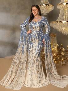 Plus Size Women's Elegant Heart-Shaped Neckline Formal Evening Gown, With Extra Long Dramatic Sleeves, Fishtail Hem, And Shaping Silhouette, Suitable For Black Tie Galas, Red Carpet Events, Opera Nights, Awards Ceremonies, Charity Balls And More - Blue - View 4