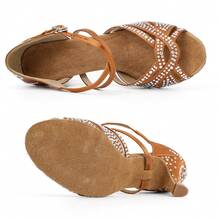 Women's Bronze Satin Latin Dance Shoes, Ballroom Dance, Tango And Salsa Shoes, Indoor Party Sandals, Soft-Soled Rhinestone Wedding Shoes, 7.5cm Heels - Bronze - View 4