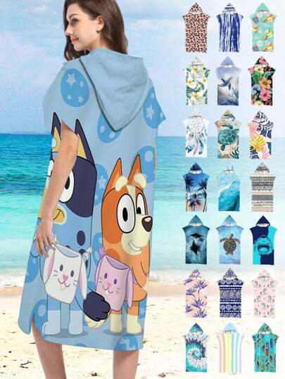 Bluey 1pc Cartoon Bluey Polyester Hooded Towel, Adorable Bluey Design, Poncho, Robe, Unique Tie-Dye Style, Super Absorbent, Suitable For Surfing, Outdoor Activities, Swimming, Gym, Bathroom, Thick & Warm, Best Gift For Friends, Family, And Loved Ones, Essential For Travel And Bathing