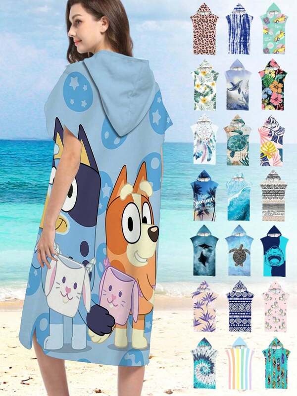Bluey 1 Stück Cartoon Bluey Polyester Kapuzenhandtuch, niedliches Bluey Design, Poncho, Bademantel, einzigartiger Batik-Stil, super saugfähig, geeignet für Surfen, Outdoor-Aktivitäten, Schwimmen, Fitness, Badezimmer, dick & warm, perfektes Geschenk für Freunde, Familie und Liebste, unverzichtbar für Reisen und Baden