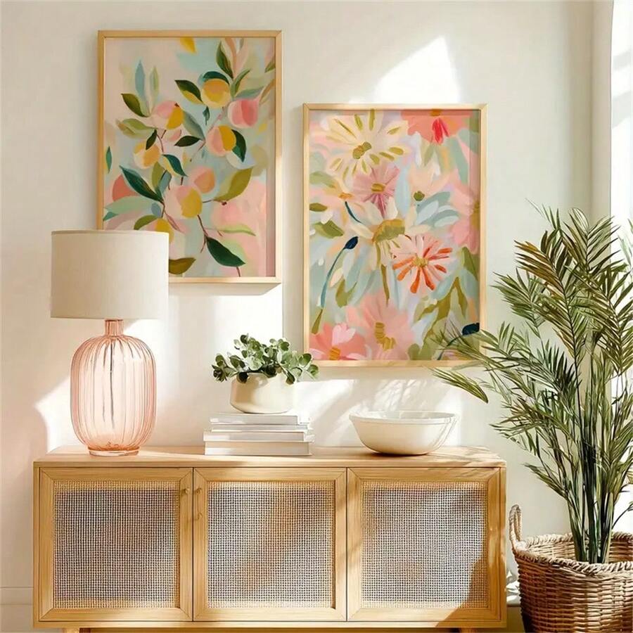 1 cái/2 cái [Tranh nghệ thuật Boho Botanical] Tranh áp phích nghệ thuật hoa dại và thực vật màu đào pastel mềm mại, bộ tranh trang trí tường trừu tượng phong cách Boho Bohemian cho gia đình, khung tùy chọn - Nhiều màu - Xem 1