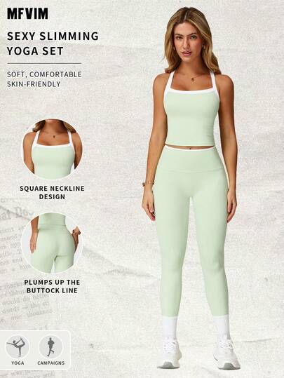  MFVIM 女士春夏运动文胸紧身裤套装 - 撞色运动上衣和弹力裤，日常休闲、户外活动、跑步、骑行、瑜伽、普拉提、健身房锻炼必备