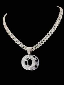 1pc Fashion Creative Roman Numeral Pendant With Alloy Rhinestone Cuban Chain, Unisex Hip-Hop Punk Necklace, Suitable For Daily Wear, Valentine's Day Gift, 2 Chain Options - Silver - View 2