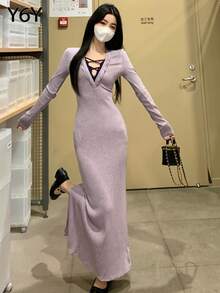 [Y6Y] 女士优雅紫色针织修身开衩长裙，V领长袖，修身设计 - 紫色 - 查看 1