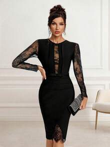 Einfarbiges Patchwork elegantes Spitzenintarsien-Reißverschluss - Schwarz - Übersicht 1