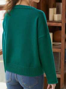 Womens Fall Winter Sweater Loose Fit Casual Wine Glass Pattern Ribbed Slit Hem Crew Neck Long Sleeve Knit Tops - Green - View 2
