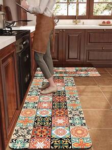 1/2片装硅胶厨房垫，高端田园风格撞色拼接图案，奢华时尚风格，缓冲防疲劳厨房地毯，厚度约3毫米，吸水性强，简约硅胶软橡胶垫，适用于厨房、浴室、玄关、洗衣房、书房、客厅等空间。 - 彩色 - 查看 9