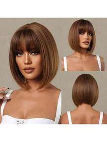 Brown Hair Heat Resistant Chemical Fiber Wigs Daily Wear Women Wigs Sweet Cute Wigs Prom Party Wigs Natural Hair - 棕色 - 查看 5